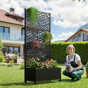 Wooakway Black Metal Planter Box with Trellis Raised Garden Bed with Arbor Privacy Screen with Wheels - 1 of 4