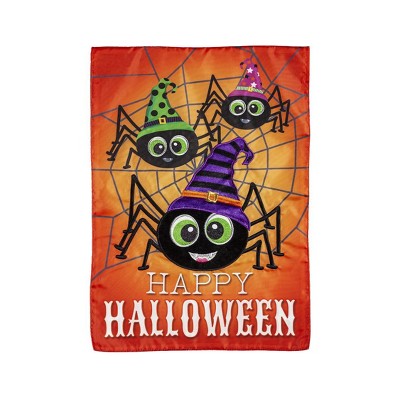 Evergreen Garden Flag Happy Halloween Spiders Applique Double Sided Indoor Outdoor Decor 18" x 12.5"