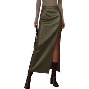 Women's 2025 Faux Leather Pencil Skirt - High Waist Slit Maxi for Office & Winter Fashion Dark Army Green - 1 of 4
