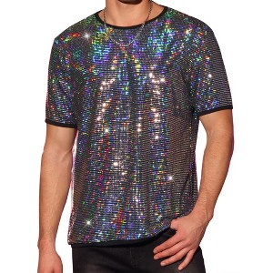Lars Amadeus Men's Short Sleeves Crew Neck Nightclub Party Sequin T-Shirts - 1 of 4
