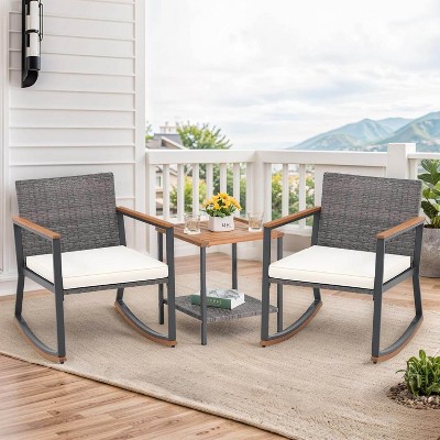 My Depot Outdoor Rattan Chair 3 Piece Set with Coffee Table and Cushions for Balcony Porch Poolside