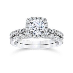Pompeii3 1 ct Diamond Cushion Halo Engagement Wedding Ring Set 14k White Gold - 1 of 4