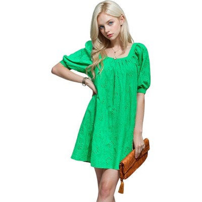 Anna-Kaci Women's Short Puffed Sleeve Tunic Square Neck Eyelet Embroidered Dress