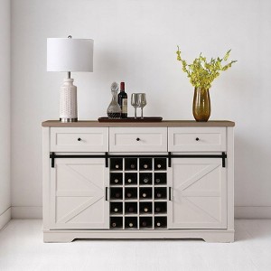 Mshliw 58" Farmhouse Wine Bar Cabinet with Sliding Barn Door, Coffee Bar with Wine & Glass Rack, 3 Drawers & Shelves,Large Buffet Sideboard -White - 1 of 4