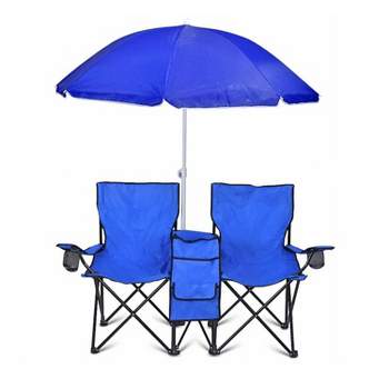 GoTeam Double Folding Camping Chair Set with Shade Umbrella, Cooler, and Carrying Bag for Camping, Beach Lounging, Tailgating, and More, Blue