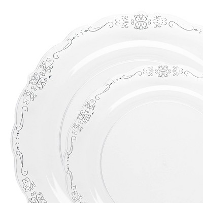 Smarty Had A Party Clear w/ Silver Vintage Rim Plastic Dinnerware Set - 120 Sets