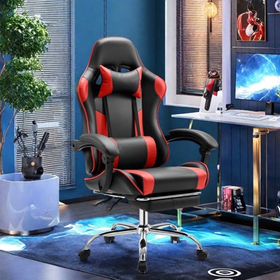 FURNIinspire Task And Office Chairs PU Leather Computer Chair Task Chair With Footrest And Lumbar Support, Black And Red, 28"*28"*52"