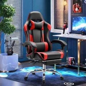 FURNIinspire Task And Office Chairs PU Leather Computer Chair Task Chair With Footrest And Lumbar Support, Black And Red, 28"*28"*52" - 1 of 4