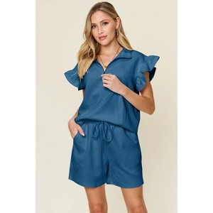 I am a Fashion junky Double Take Full Size Texture Flounce Sleeve Top and Drawstring Shorts Set - 1 of 4