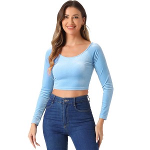 INSPIRE CHIC Women's Velvet Scoop Neck Long Sleeve Solid Crop Top - 1 of 4