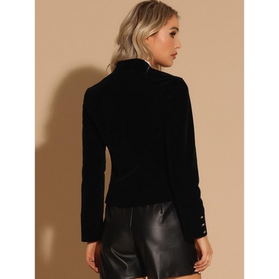 INSPIRE CHIC Women's Vintage Stand Collar Open Front Button Decor Velvet Jackets Black Small — фото 3
