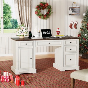 Dyonery 60" Executive Desk,Farmhouse Computer Desk with Drawers and Cabinet,Embossed Texture Home Office Desk,Workspace for Work Study Writing - 1 of 4