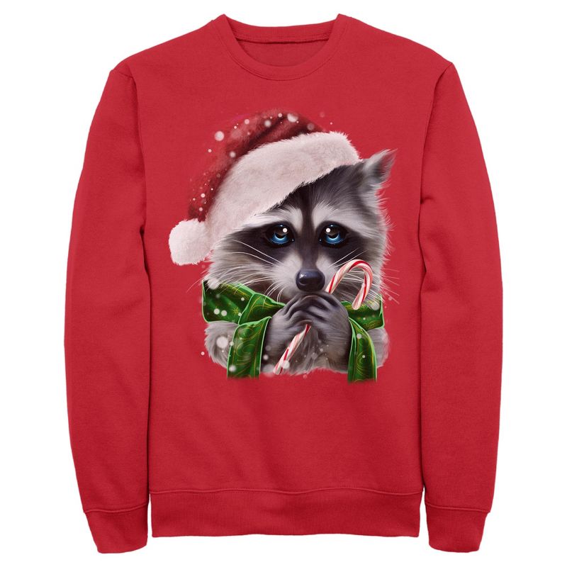 Women's Lost Gods Ugly Christmas Raccoon Candy Cane Sweatshirt, 1 of 5