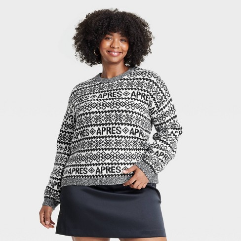 Women s Crewneck Cozy Knit Pullover Sweater A New Day Black cream Fair Isle Apres 2x Target