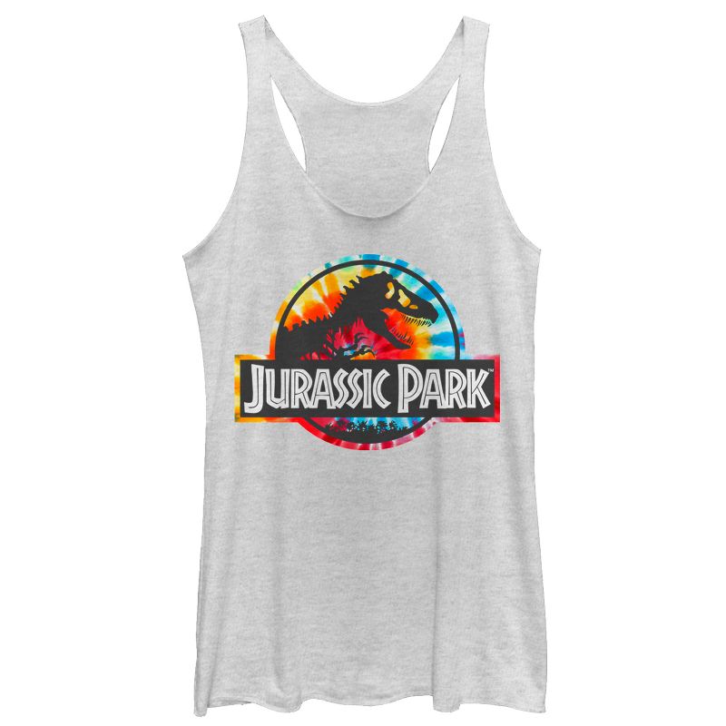 Women's Jurassic Park Groovy Tie-Dye Logo Racerback Tank Top, 1 of 4