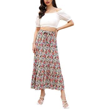 Women's Summer Elastic High Waist Boho Maxi Skirt Casual Ruffle A Line Long Skirt Flowy Midi Skirt