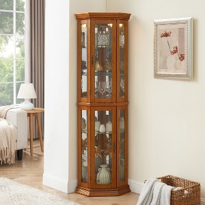 TiramisuBest Corner Curio Cabinet with Lights, Adjustable Tempered Glass Shelves, Mirrored Back, Display Cabinet - 1 of 4