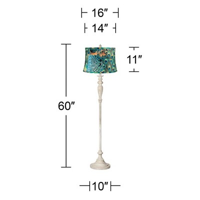 Elegant Antique White Floor Lamp with Peacock Print Shade