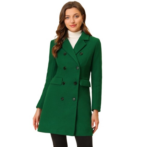 Allegra K Women's Long Jacket Notched Lapel Double Breasted Trench Coat  Greens Medium