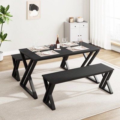 Kitchen Table with Benches, Dining Table Benches Set for 4, Rectangular Kitchen Table Set with Sturdy Metal Frame