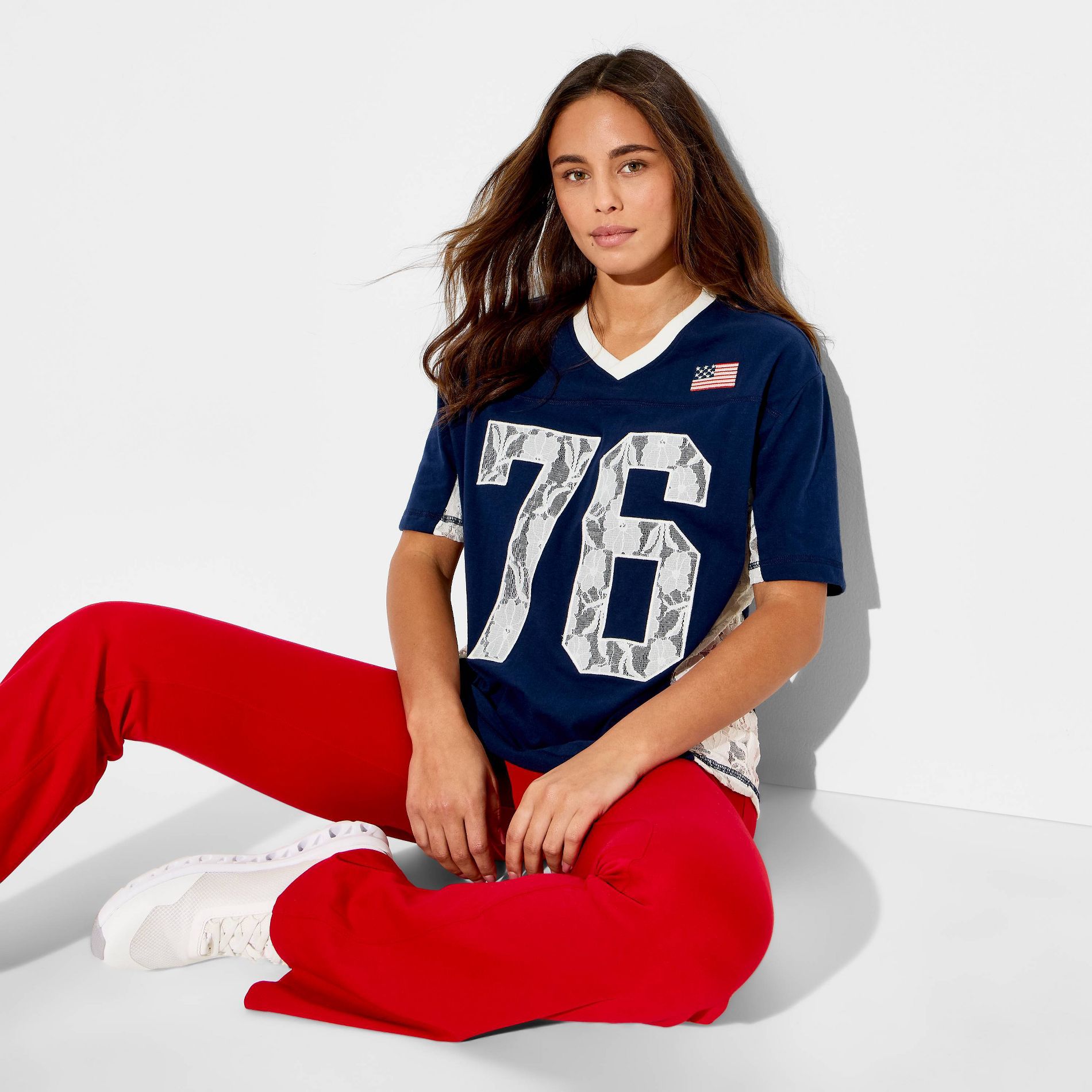 Women's USA Lace Short Sleeve Graphic Jersey T-Shirt - Blue