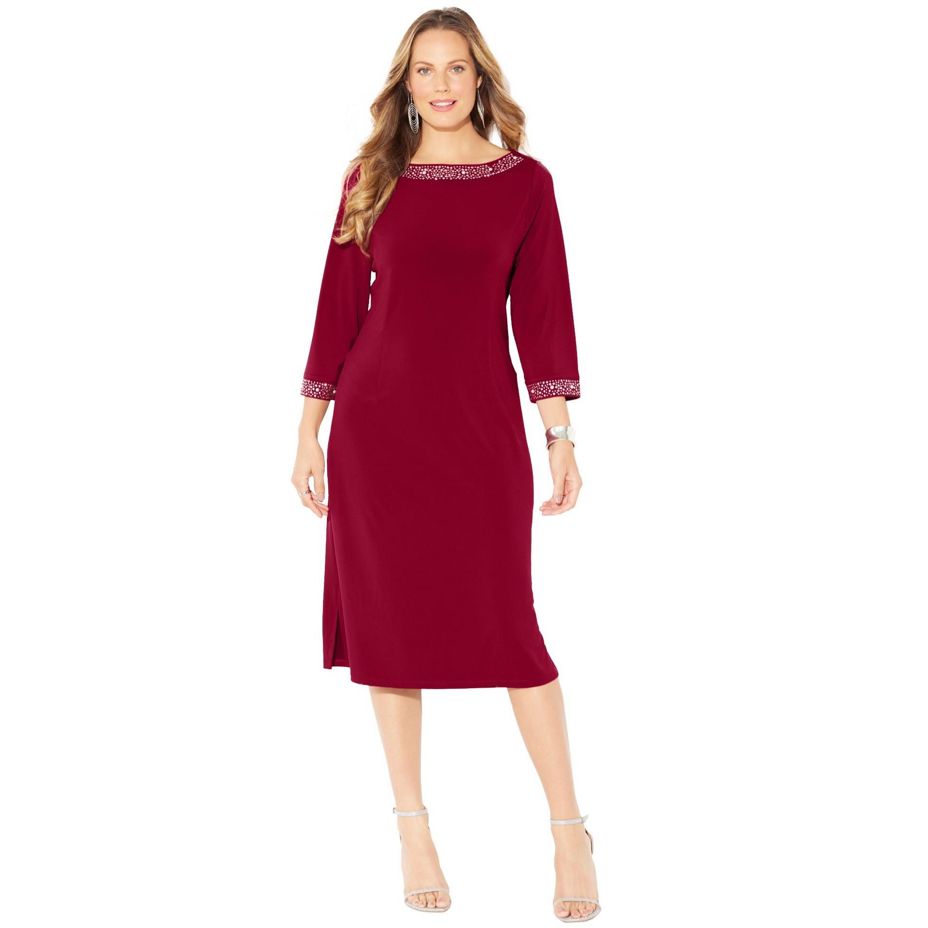 Catherines Stud Accent Shift Dress - 1X, Rich Burgundy