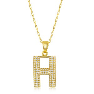 Bella Silver Sterling Silver Micro Pave CZ Block Initial w/Paperclip Chain Gold Plated 18" Pendant Necklace - 1 of 2