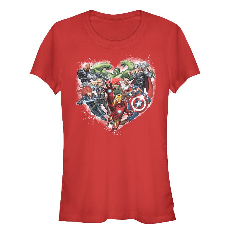 Juniors Womens Marvel Valentine's Day Avenger Heart Collage T-Shirt, 1 of 4