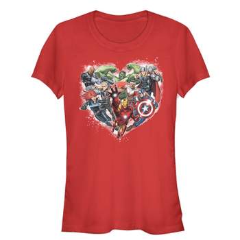 Juniors Womens Marvel Valentine's Day Avenger Heart Collage T-Shirt