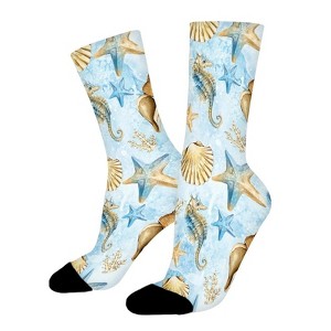 Modern Blue And Gold Under The Sea Women Printed Crew Socks Funny Funky Socks Soft Polyester Novelty Gifts for Artists Men - 1 of 1