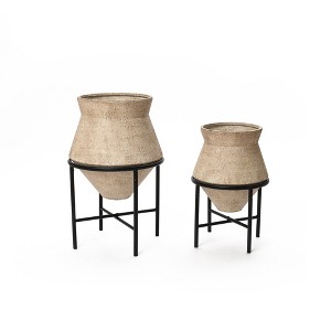 LuxenHome 2-Piece Rustic Brick Red Cachepot Planter Cauldron Set with Black Stands - 1 of 4