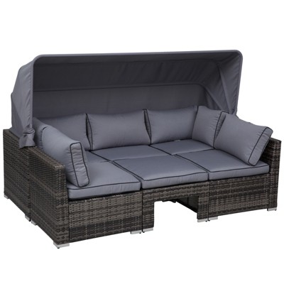 Outsunny 4-Piece Outdoor Rattan Wicker Sofa Set with Retractable Sun Canopy Deep Soft Cushions & Classic Design Grey