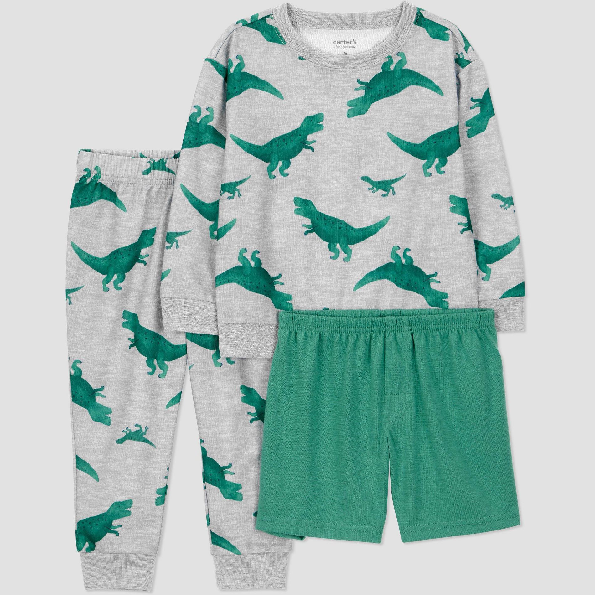 Carter's Just One You® Toddler Boys' 3pc Short Sleeve Dinosaur Pajama Set - Green/Gray 12M