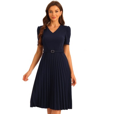 Allegra K Women's V-Neck Short Sleeve Belted A-Line Work Pleated Dress
