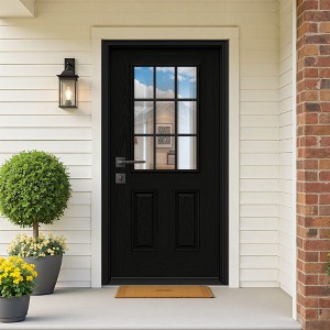 PexFix Fiberglass Entry Door 6-9/16 Vinyl Frame 9 Lite Frosted Glass Front Door Front Entrance Right Hand Inswing Black Wooden Grain Door - 1 of 4