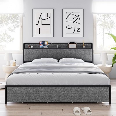 King Bed Frame, with Charging Station and Storage Drawers, Platform Bed with Headboard, Noise Free, No Box Spring Needed, Easy Assembly, Dark Grey
