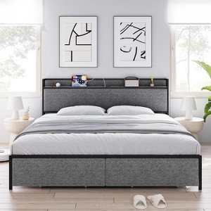 King Bed Frame, with Charging Station and Storage Drawers, Platform Bed with Headboard, Noise Free, No Box Spring Needed, Easy Assembly, Dark Grey - 1 of 4