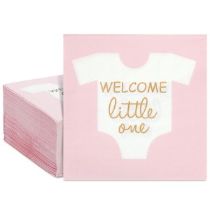 Blue Panda 100-Pack “Welcome Little One” Baby Shower Napkins for Boys, Gold Foil Gender Reveal Decorations, Light Blue (5x5 In) - 1 of 4