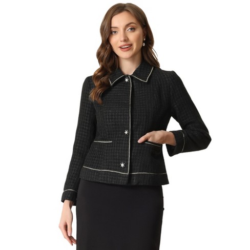 White Short Tweed Jacket with Black Trim Women Suit Collar Single