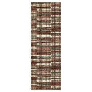2 x 6 ft Polyester Green Brown Rectangular Hallway Entryway Bathroom Kitchen Geometric Checkered Modern Machine Washable Runner Rug - 1 of 4