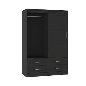 Maliang Tall Bedroom Armoire, Wardrobe Closet, Clothing Storage Cabinet with Hanging Rod, Barn Door, Drawers, Open Shelves - 1 of 4