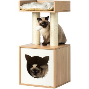 Cat Tree Play House Condo Cube Cave, Platform, Scratcher Post and Ball Toy - 1 of 4