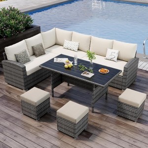 homfan Outdoor Patio Furniture Set 7 Piece, Wicker Sectional Sofa with Washable Cushions, Ottomans, and Coffee Table, Conversation Set - 1 of 4