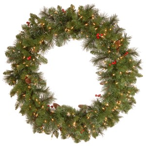 36" Prelit Flocked Crestwood Spruce Christmas Wreath with Pinecones and Berries - National Tree Company - 1 of 4