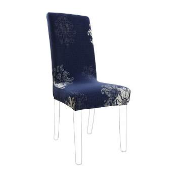 PiccoCasa Stretch Floral Print Dining Chair Cover Navy Blue and White M 1 Pc