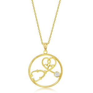 Bella Silver Sterling Silver CZ Stethoscope Heartbeat 18" Pendant Necklace - Gold Plated - Gold - 1 of 2