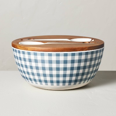127oz Gingham Bamboo-Melamine Serve Bowl with Wood Lid and Utensils Blue/Cream - Hearth & Hand™ with Magnolia