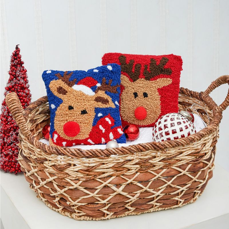 C&F Home 8" x 8" Reindeer Games Reindeer with Red Nose on Red Background Petite Accent Hooked Christmas Pillow, 3 of 7