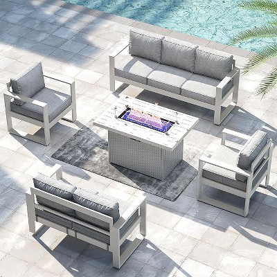 LayinSun 5 Pieces Aluminum Outdoor Patio Furniture Set, Metal Modern Conversation Sofa Set with Fire Pit Table and Washable Thick Cushions