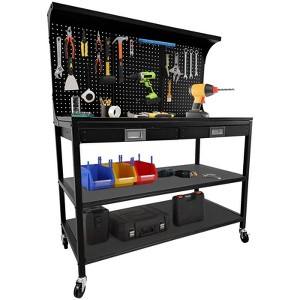 Garage Workbench, 3 Tier Heavy Duty Rolling Workbench with 2 Drawers, Pegboard, 2 Open Shelves, 35 Hooks, Wooden Top Work Table for Workshop - 1 of 4